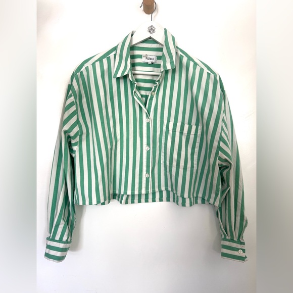 Anthropologie Pistola Mint and White cropped Striped Women's shirt SZ M - Picture 2 of 4